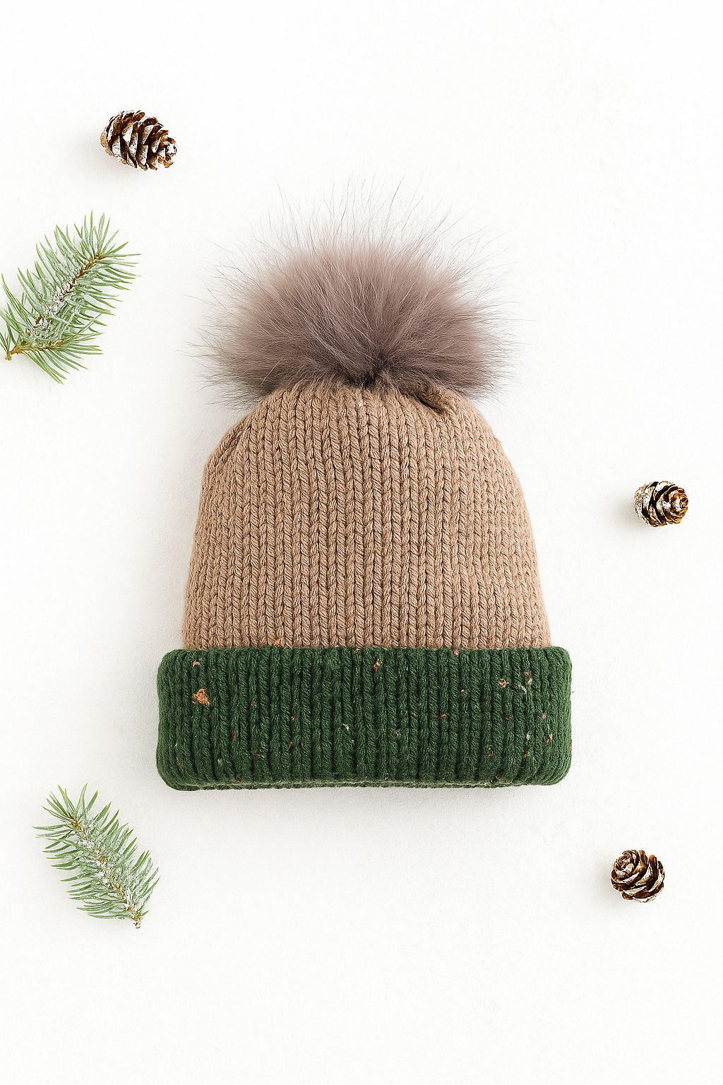 Two tone beige and green beanie