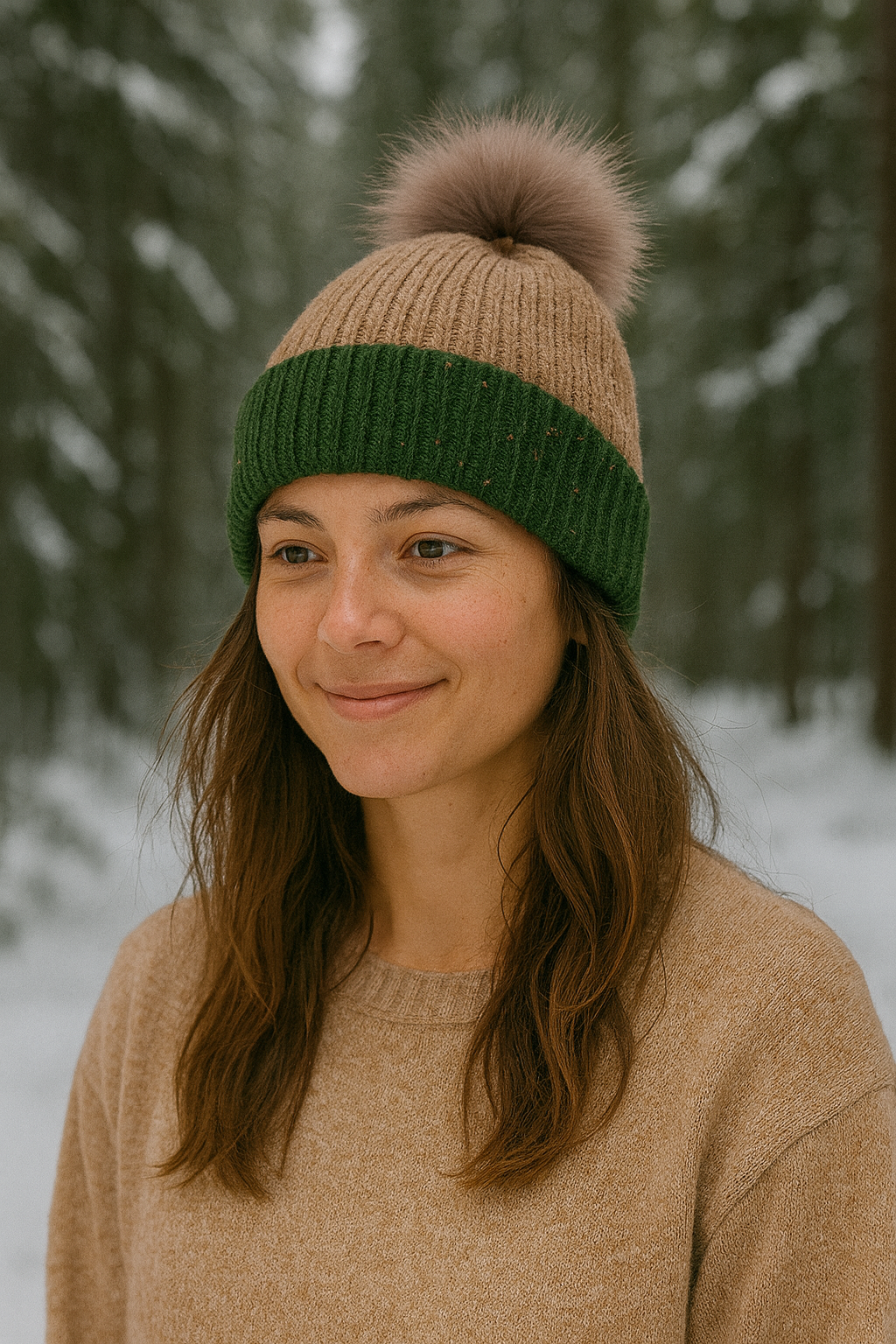 Two tone beige and green beanie